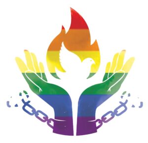 Two hands cup a tongue of fire while breaking chains that bind them. The rainbow flag overlays the image.